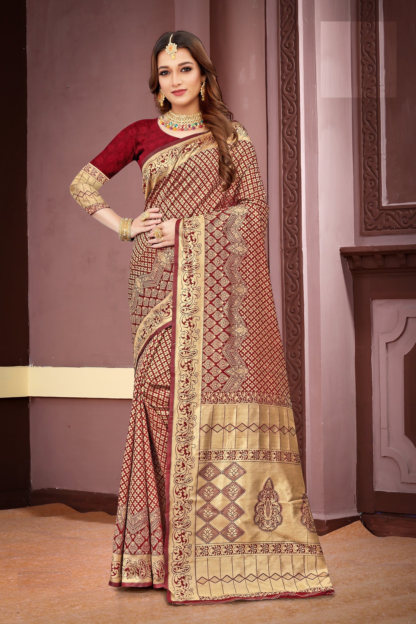 FASHION BOOMS MAROON BANARSI SILK TRADITIONAL SAREE WITH 7 OTHER COLORS FOR WHOLE FAMILY TO WEAR ON ANY OCCASION .