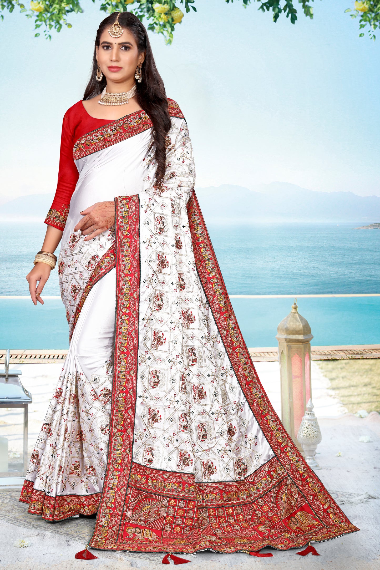 HEAVY TRADITIONAL ROYAL WHITE WITH BORDER IN RED, GHARCHOLA MADE OF GAJI SILK FOR WEDDING IN 5 MORE WEDDING COLORS FOR ALL FUNCTIONS.