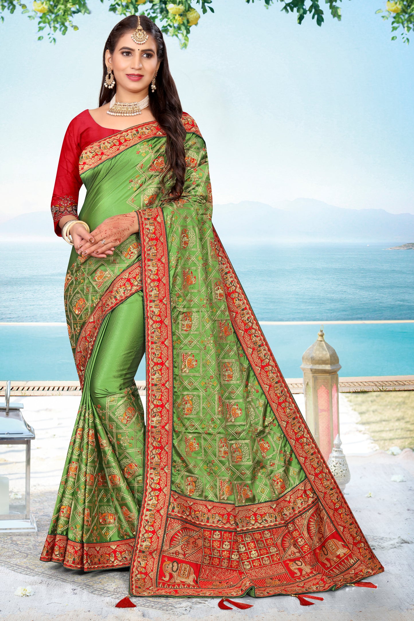 HEAVY TRADITIONAL PARROT GREEN WITH BORDER IN RED, GHARCHOLA MADE OF GAJI SILK FOR WEDDING IN 5 MORE WEDDING COLORS FOR ALL FUNCTIONS.