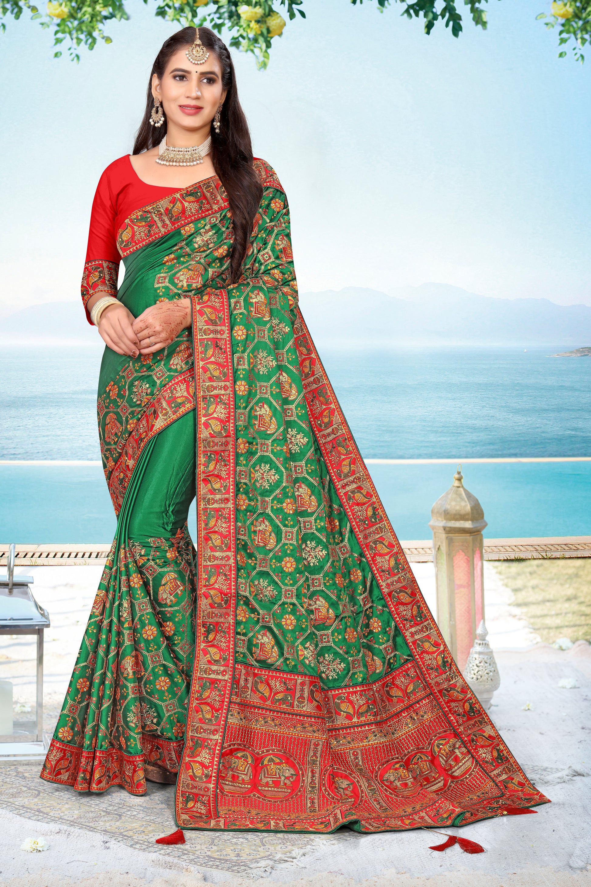 HEAVY TRADITIONAL GREEN WITH BORDER IN RED, GHARCHOLA MADE OF GAJI SILK FOR WEDDING IN 5 MORE WEDDING COLORS FOR ALL FUNCTIONS.