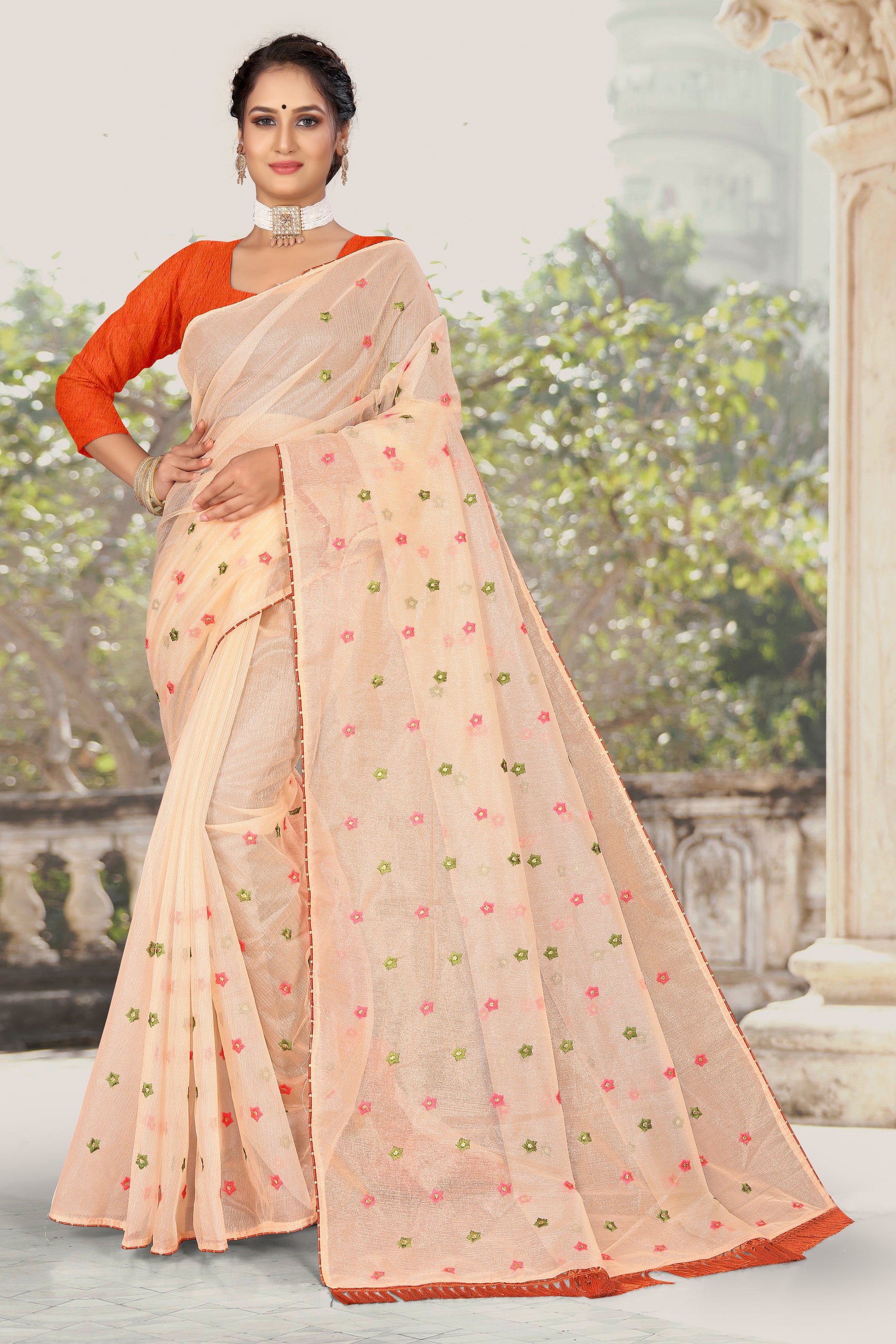 OFFICIAL ORGANZA COTTON WITH WORK IN WHOLE SAREE FOR ALL FORMAL OCCASIONS WITH ORANGE BLOUSE