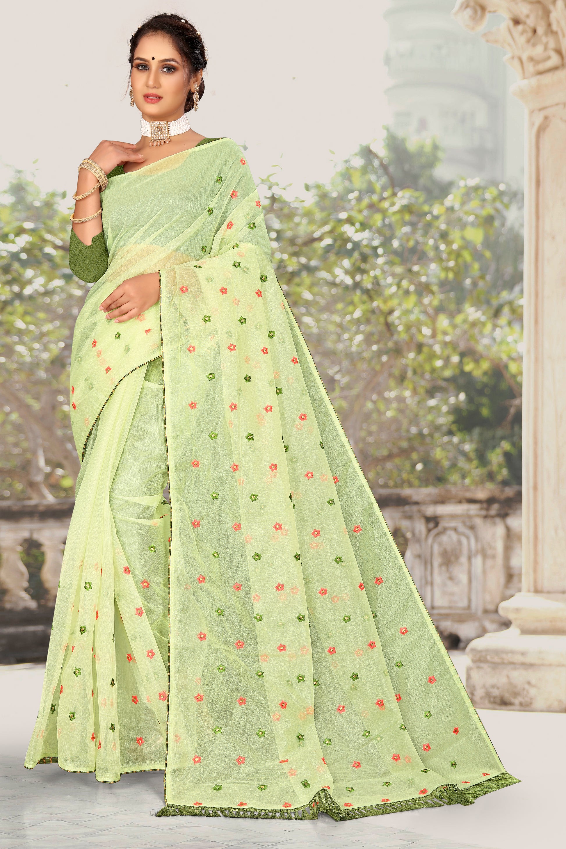 OFFICIAL ORGANZA COTTON WITH WORK IN WHOLE SAREE FOR ALL FORMAL OCCASIONS WITH GREEN SHADE