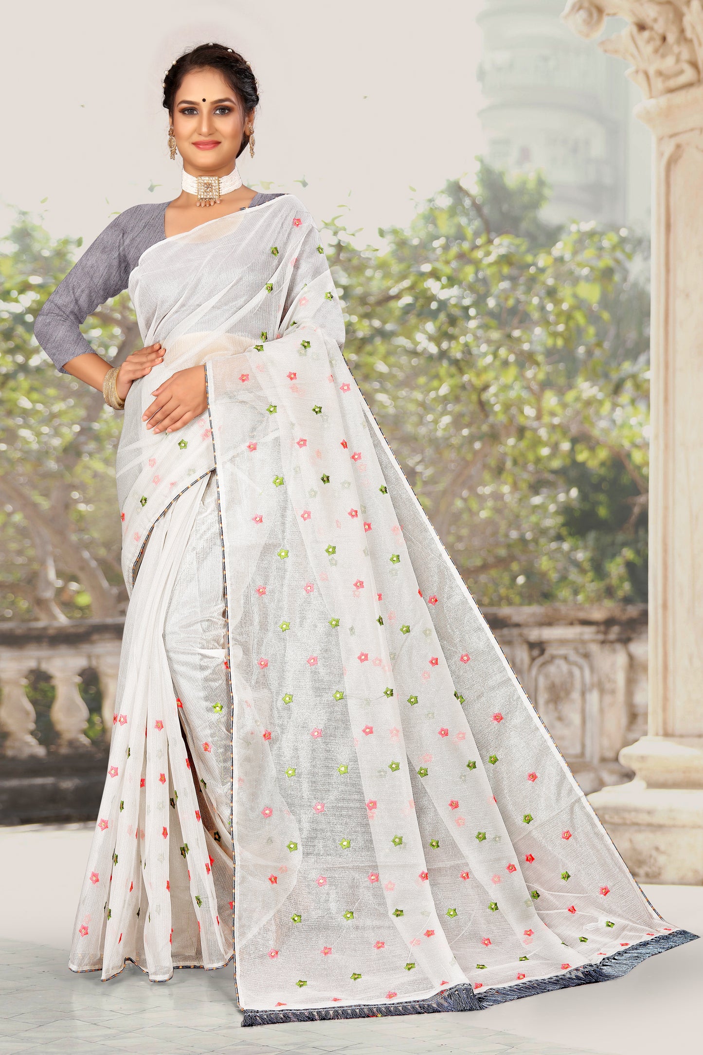 OFFICIAL ORGANZA COTTON WITH WORK IN WHOLE SAREE FOR ALL FORMAL OCCASIONS IN WHITE PURITY