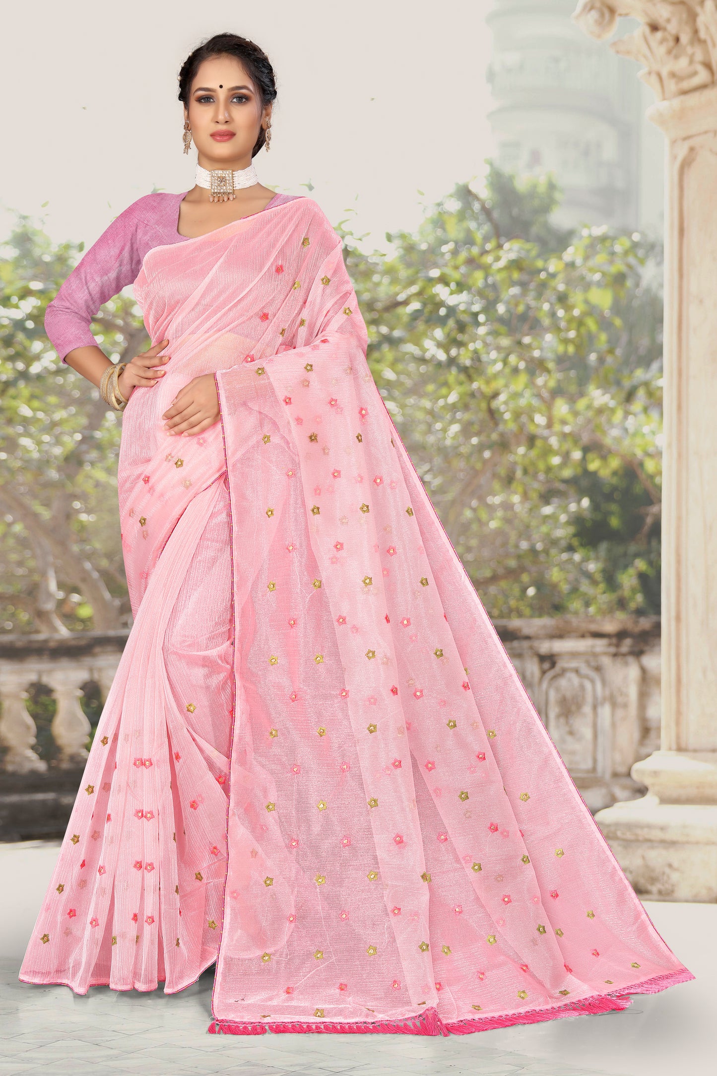 OFFICIAL ORGANZA COTTON WITH WORK IN WHOLE SAREE FOR ALL FORMAL OCCASIONS IN PINK BEAUTY