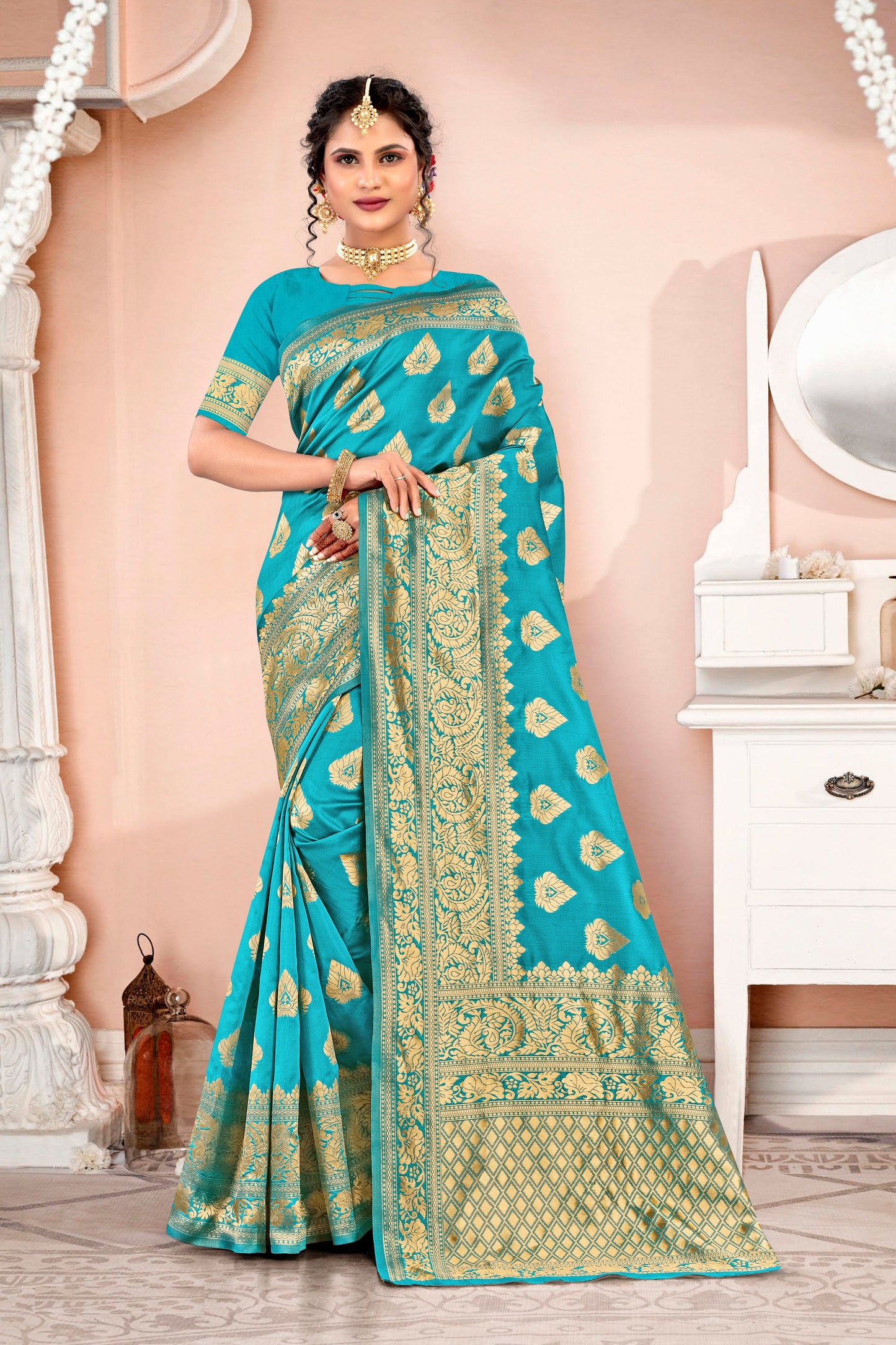 GORGEOUS PURE WEAVING BANARSI SILK SAREE IN FIROZI FOR ALL FESTIVALS