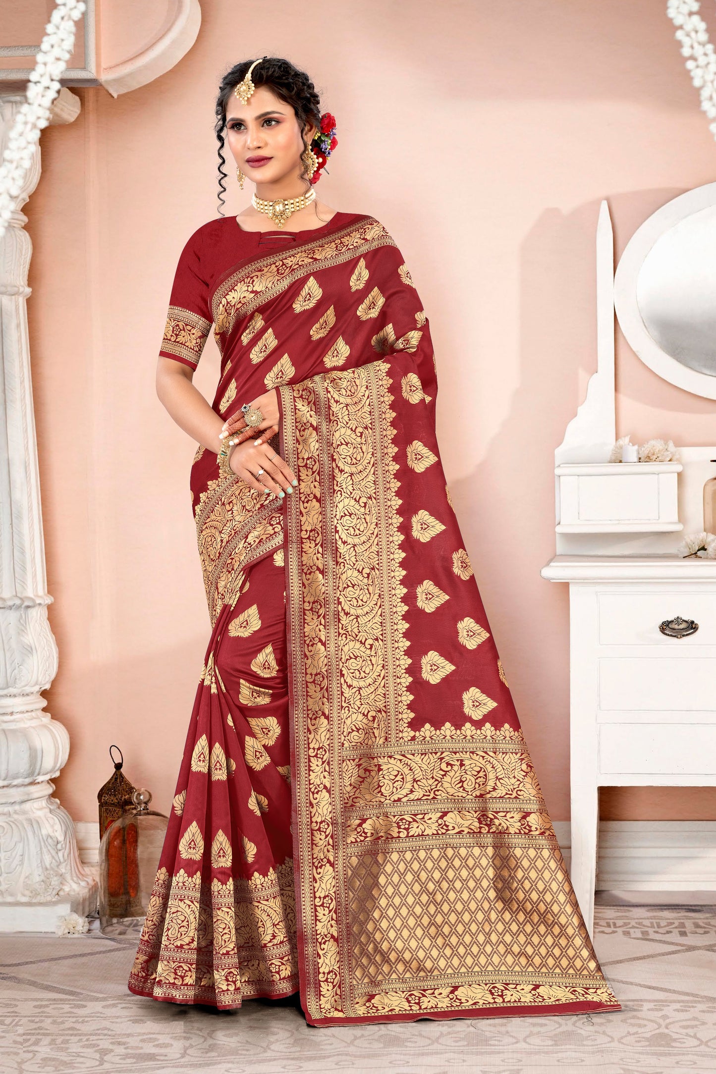GORGEOUS PURE WEAVING BANARSI SILK SAREE IN MAROON FOR ALL FESTIVALS