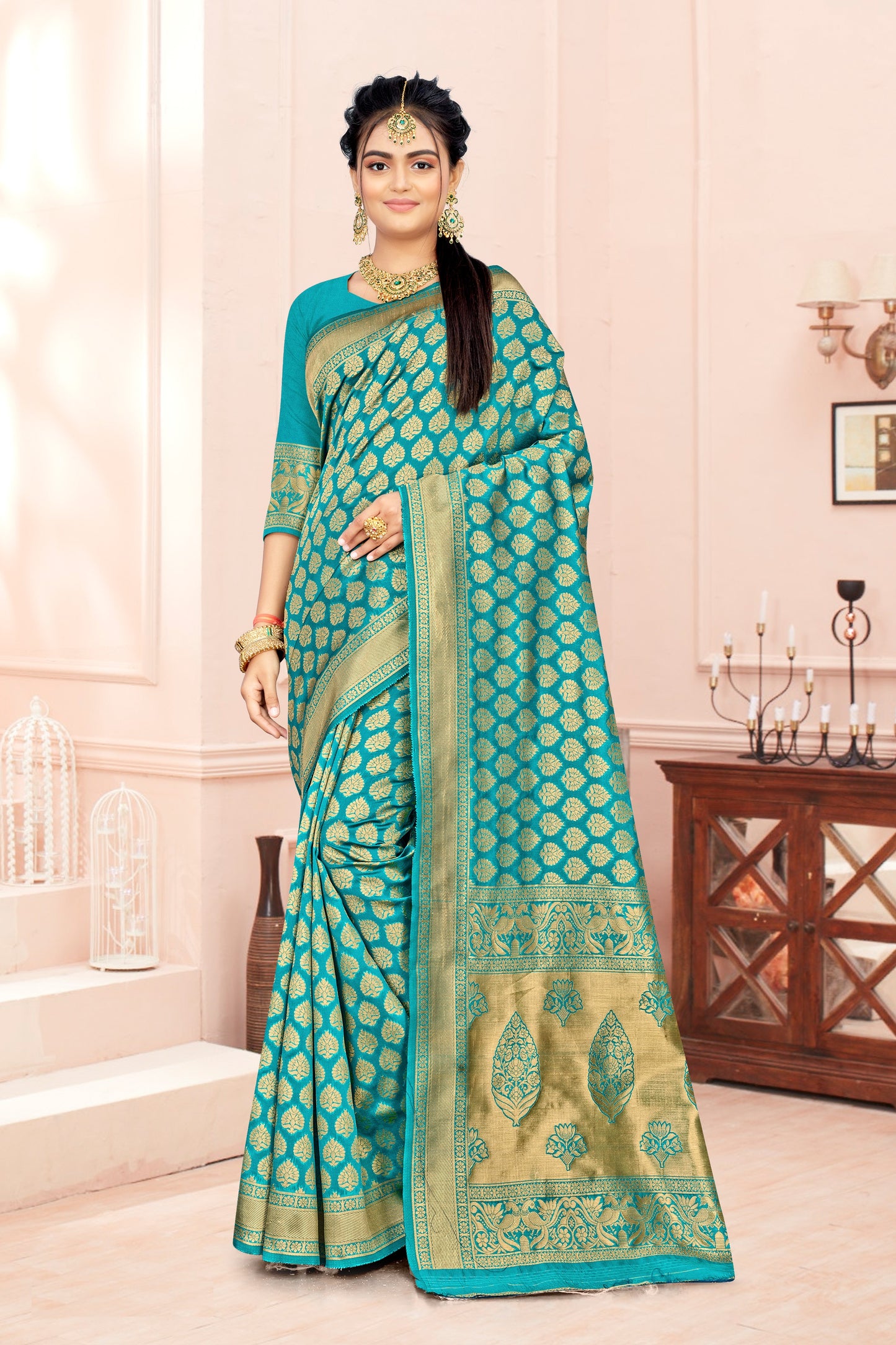 FASHION BOOMS RAMA BANARSI SILK TRADITIONAL SAREE FOR WHOLE FAMILY TO WEAR ON ANY OCCASION .