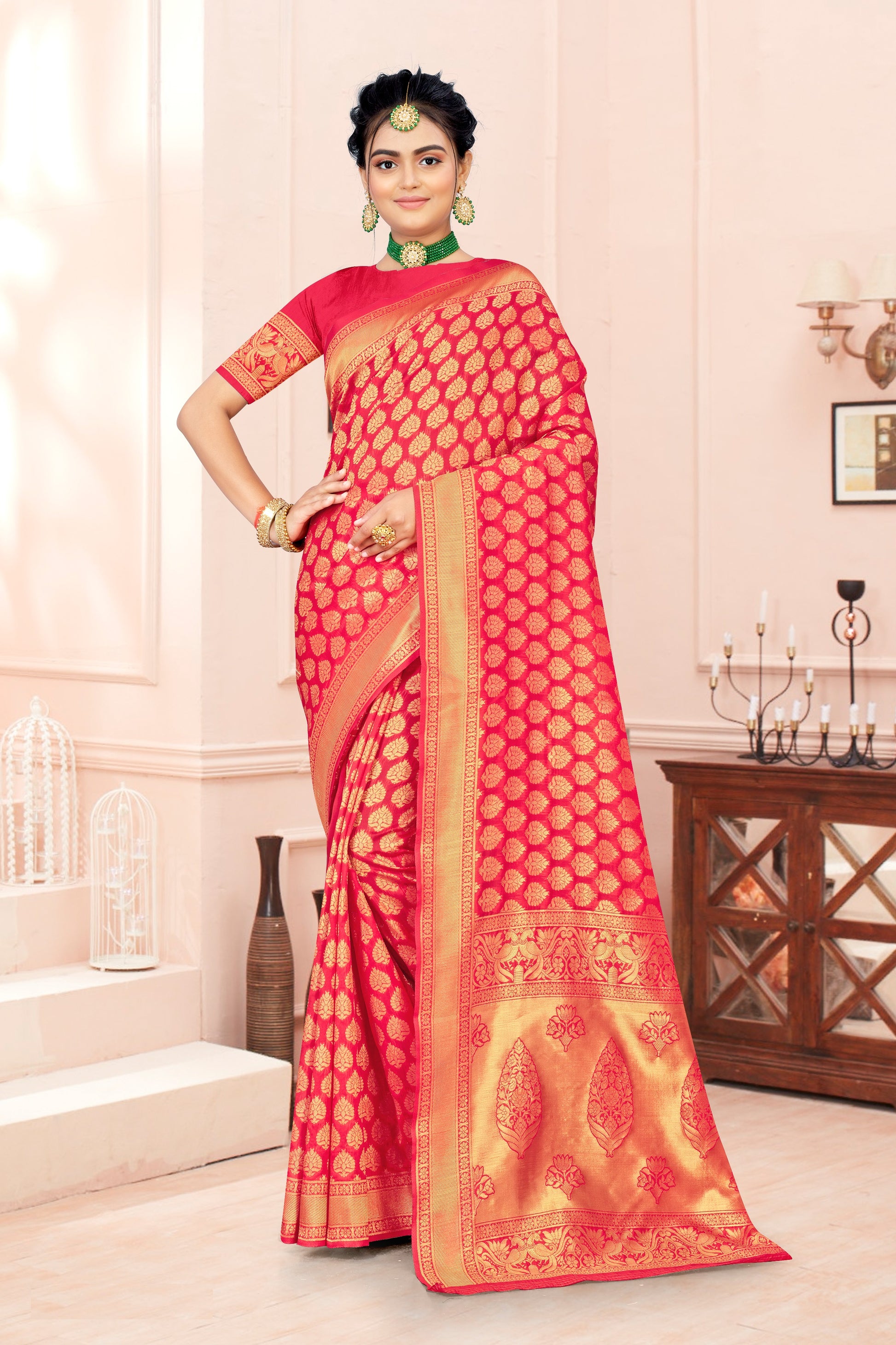 FASHION BOOMS PINK BANARSI SILK TRADITIONAL SAREE FOR WHOLE FAMILY TO WEAR ON ANY OCCASION .