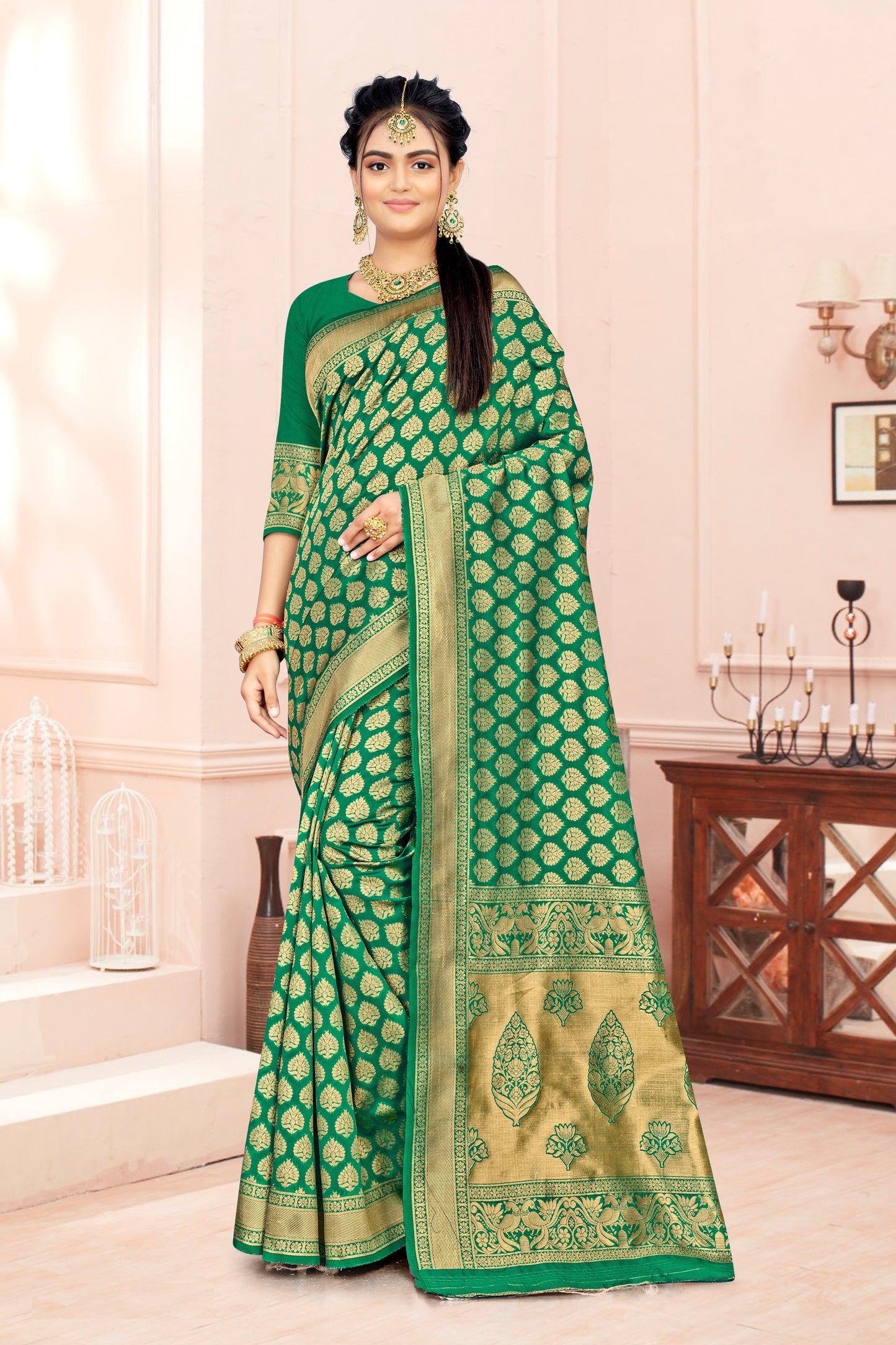 FASHION BOOMS GREEN BANARSI SILK TRADITIONAL SAREE FOR WHOLE FAMILY TO WEAR ON ANY OCCASION .