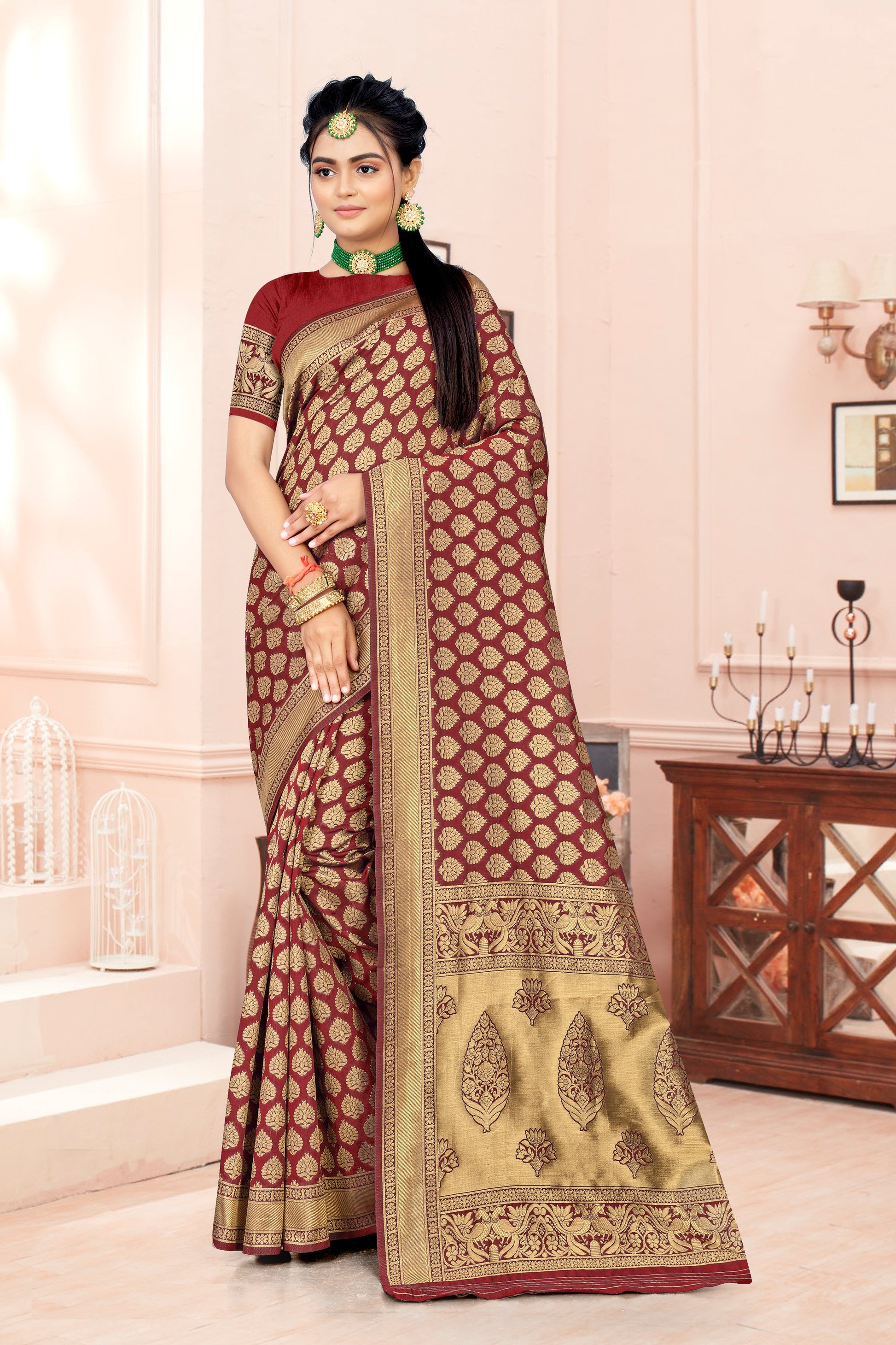 FASHION BOOMS MAROON  BANARSI SILK TRADITIONAL SAREE FOR WHOLE FAMILY TO WEAR ON ANY OCCASION .
