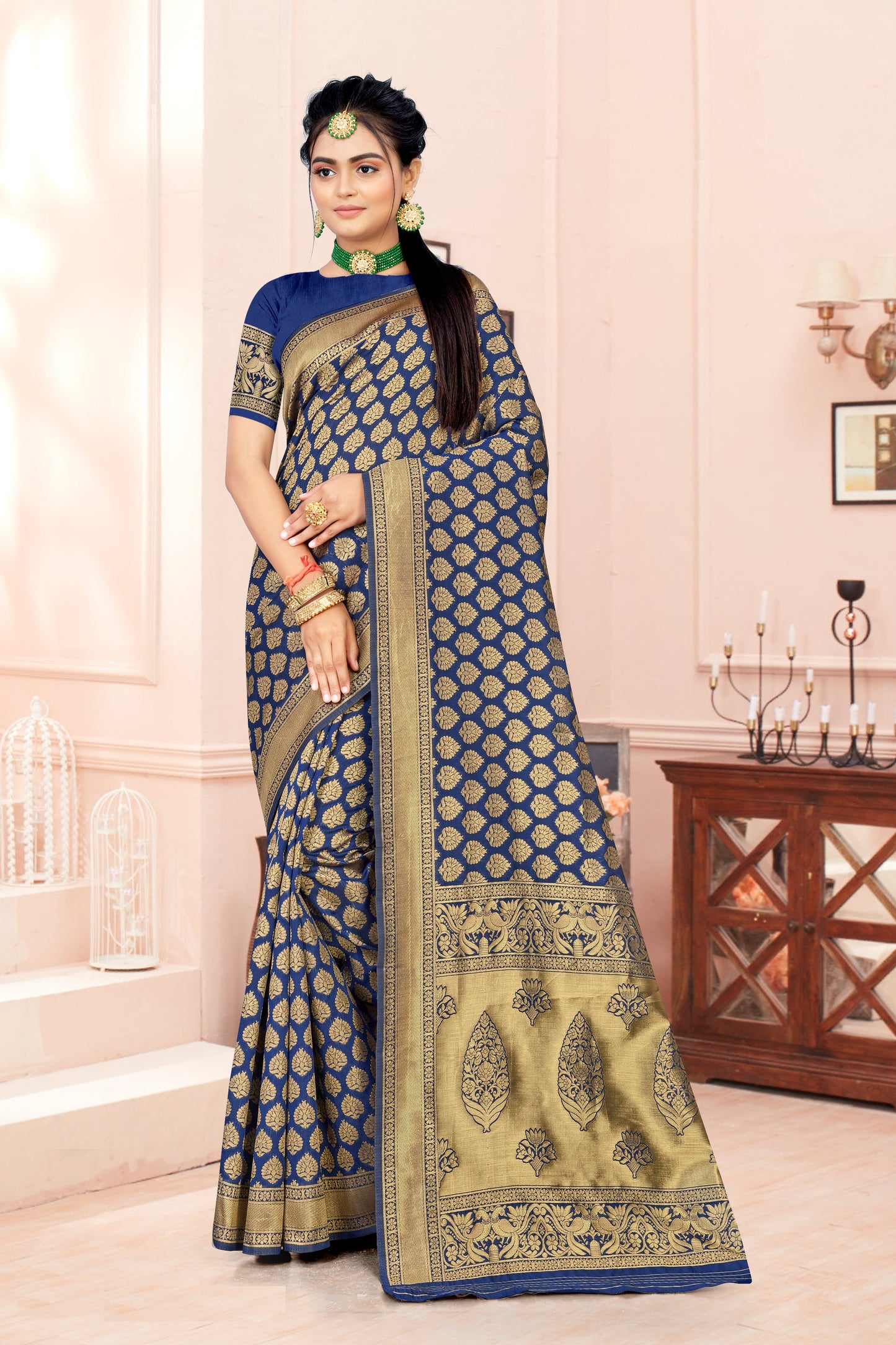 FASHION BOOMS ROYAL BLUE BANARSI SILK TRADITIONAL SAREE FOR WHOLE FAMILY TO WEAR ON ANY OCCASION .