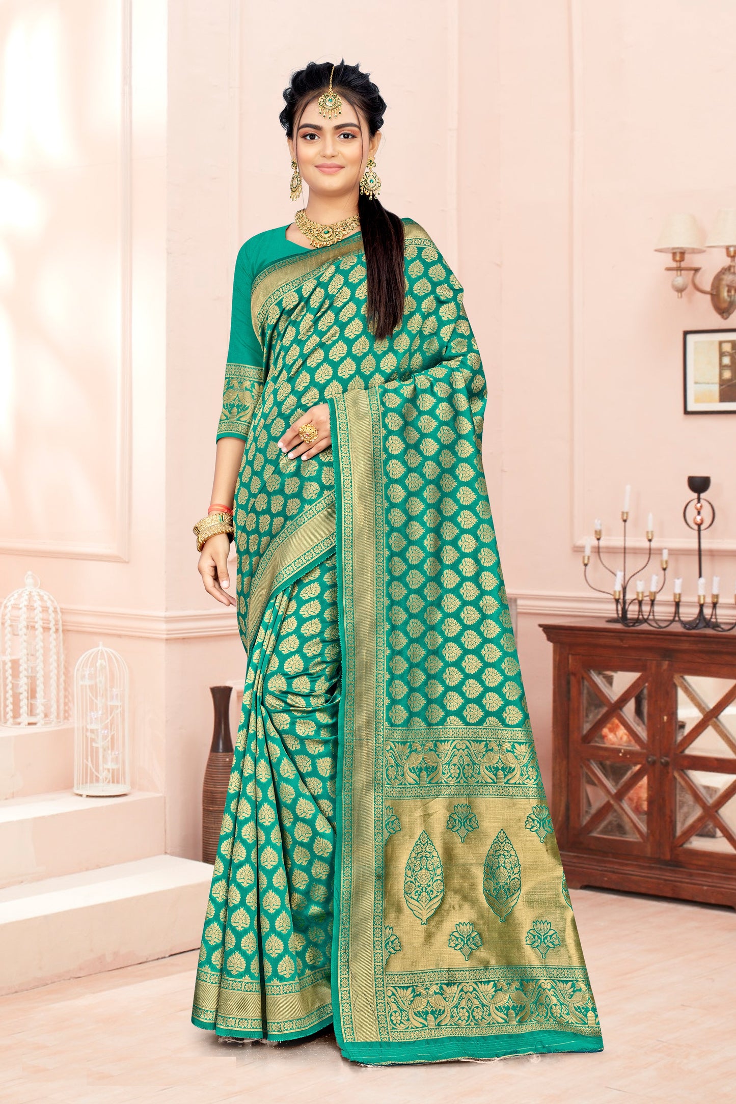 FASHION BOOMS FIROZI BANARSI SILK TRADITIONAL SAREE FOR WHOLE FAMILY TO WEAR ON ANY OCCASION .