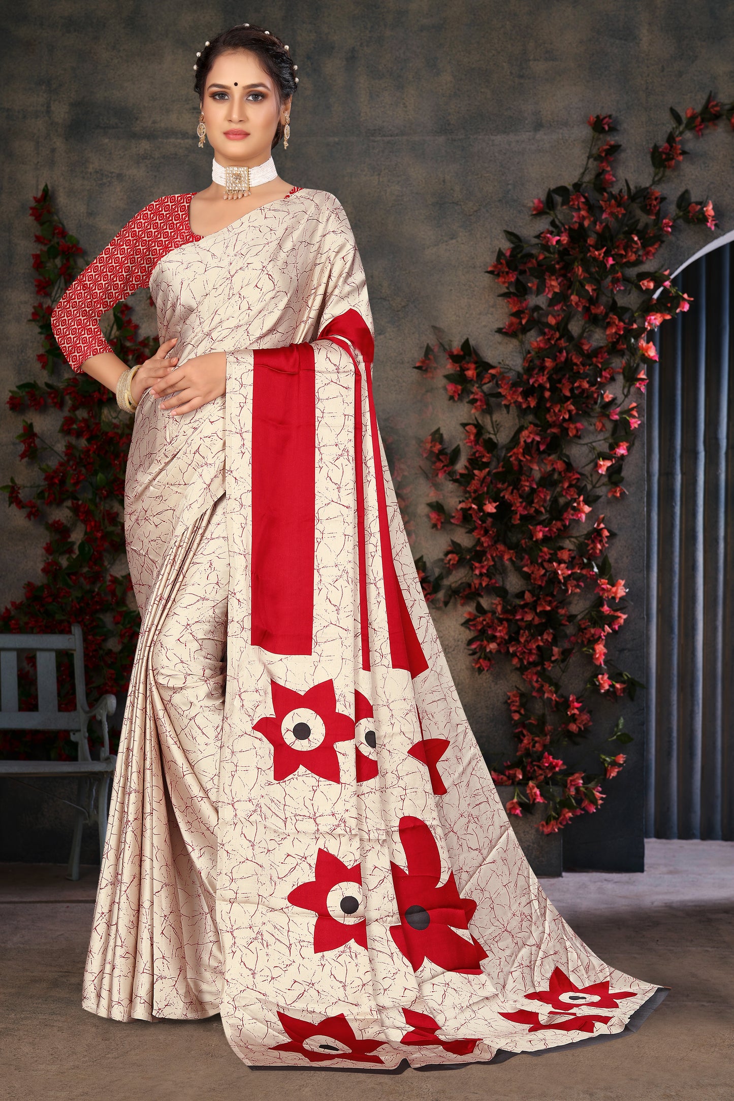 Geometrical print saree in RED color on PREMIUM HEAVY SATIN in reasonable rate .