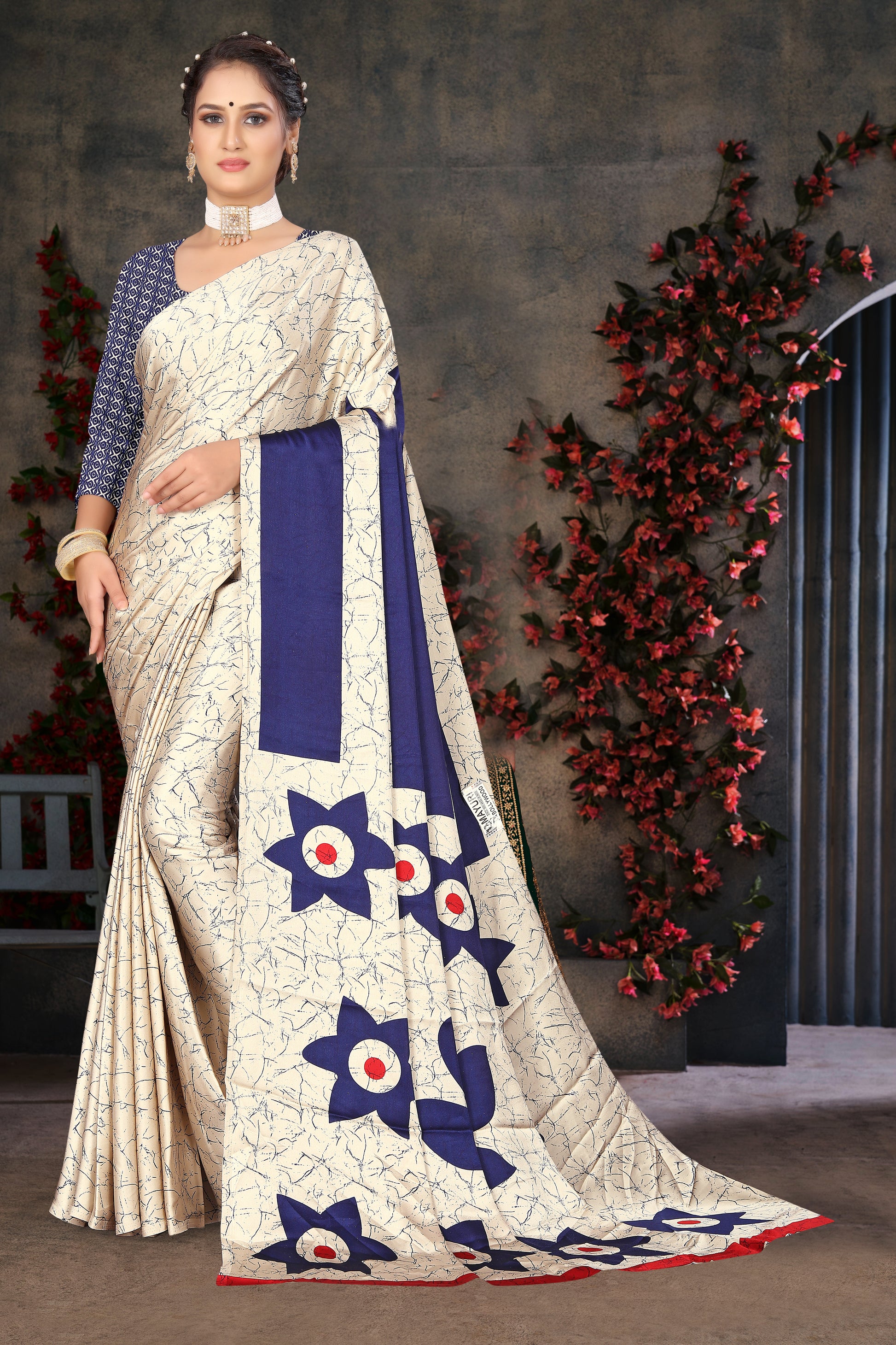 Geometrical print saree in BLUE color on PREMIUM HEAVY SATIN in reasonable rate .
