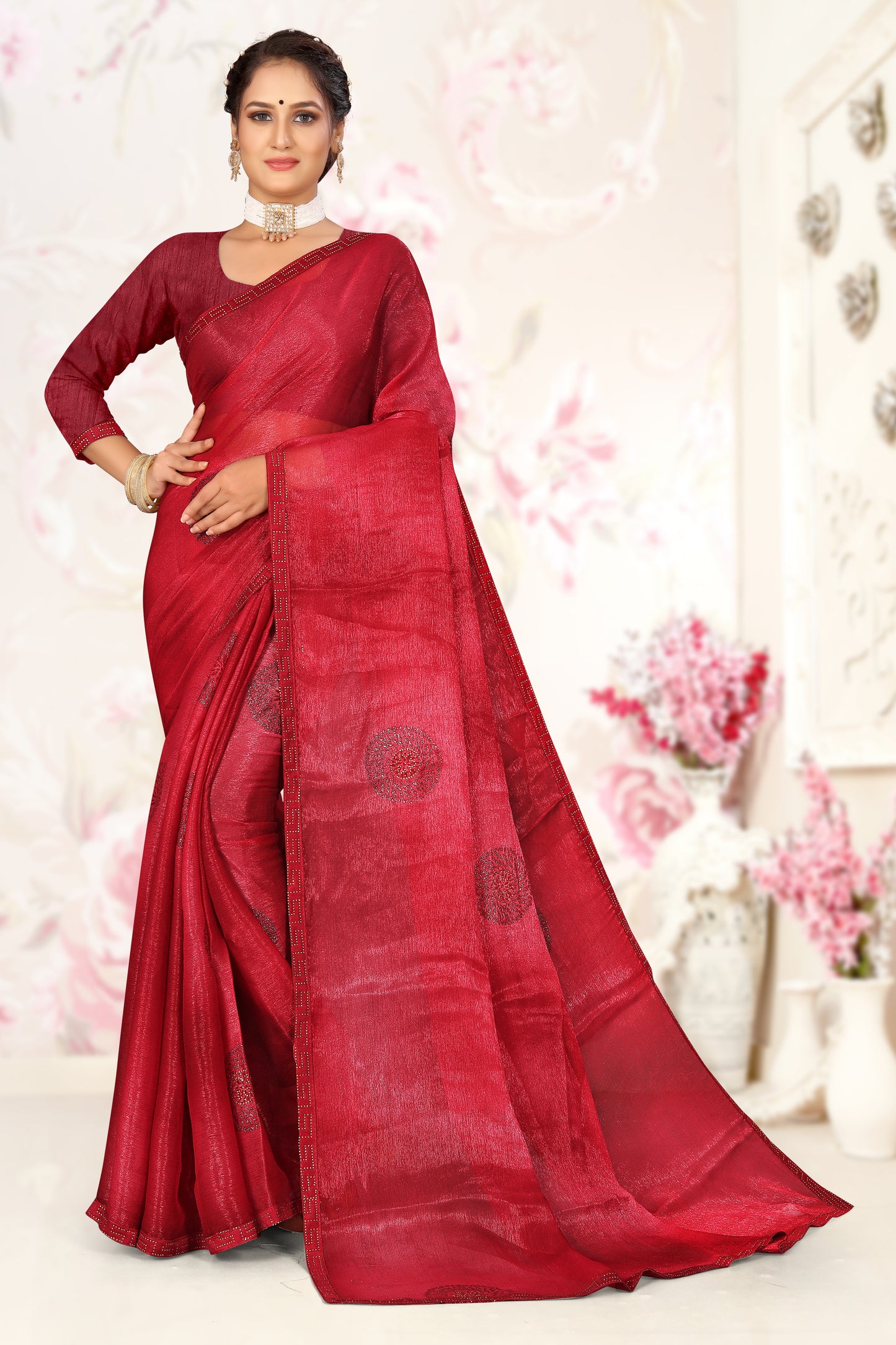 RED CHIFFON SAREE IN 5G FOR DAILY OCCASSION.