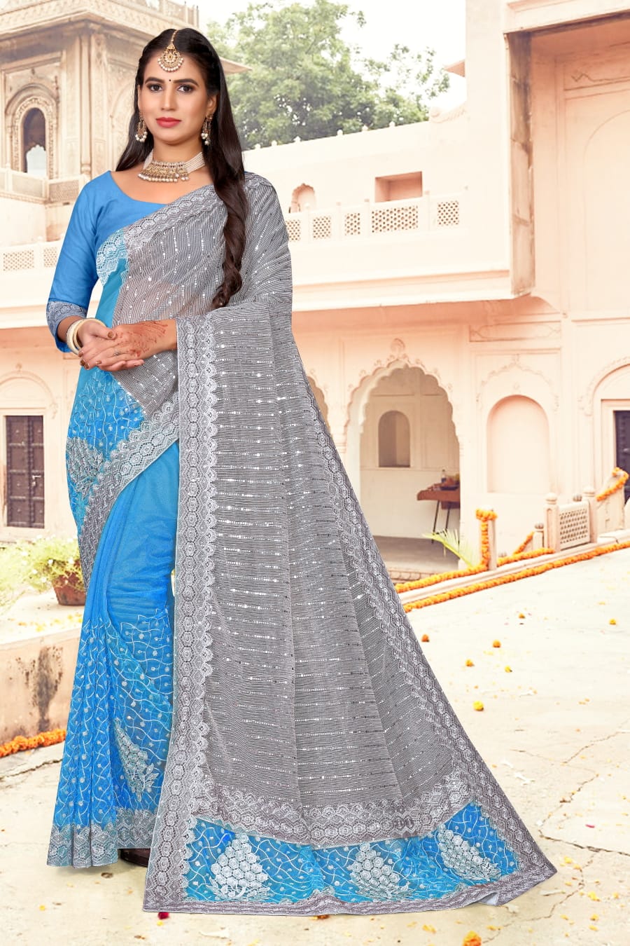 DELICATE WITH WORK ON ALLOVER SAREE AND LACE ON BORDERS, HALF NET HALF CHIFFON IN SEA BLUE