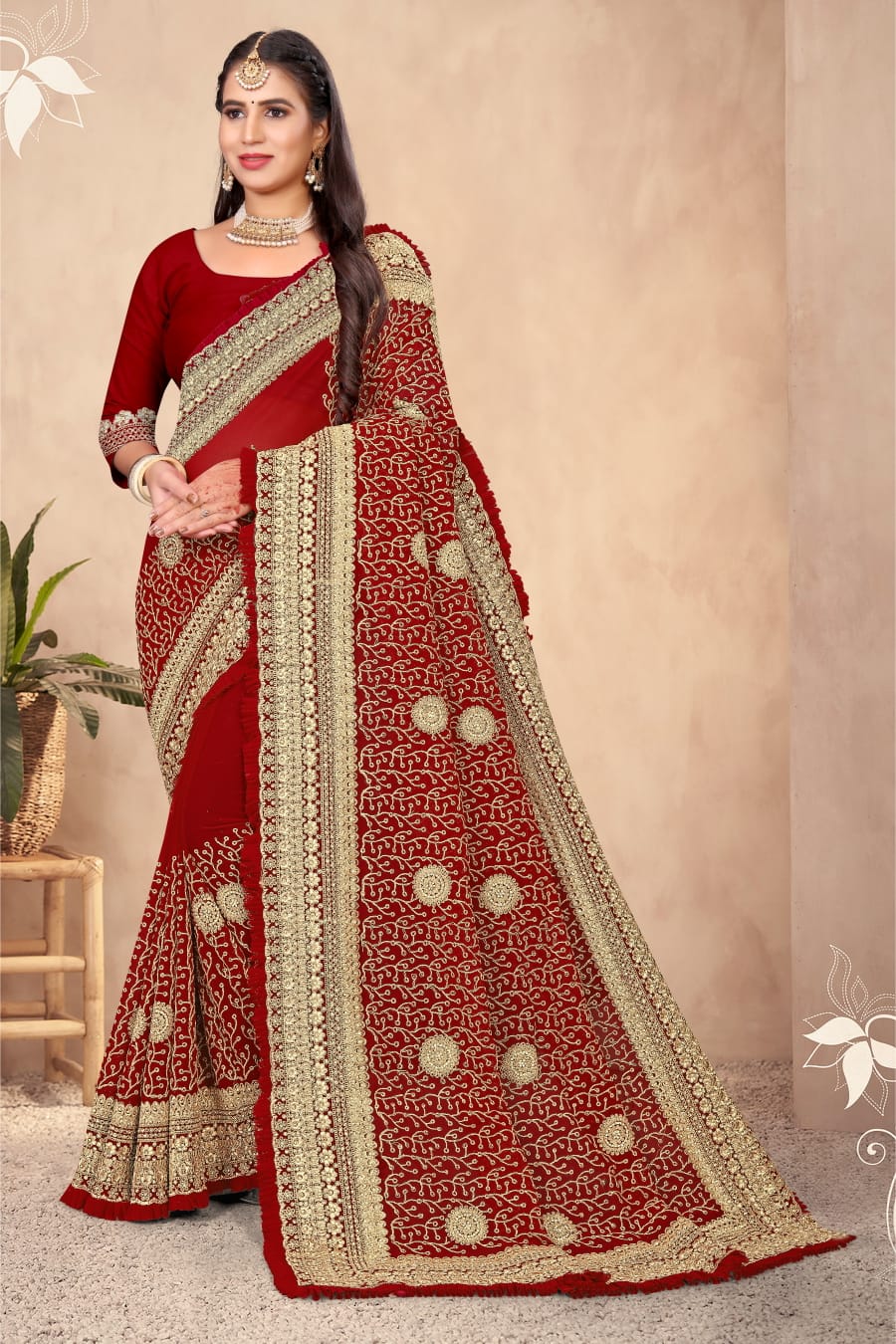 FULL JARI WORK ON PURE GEORGETTE SAREE IN RED FOR WEDDING 