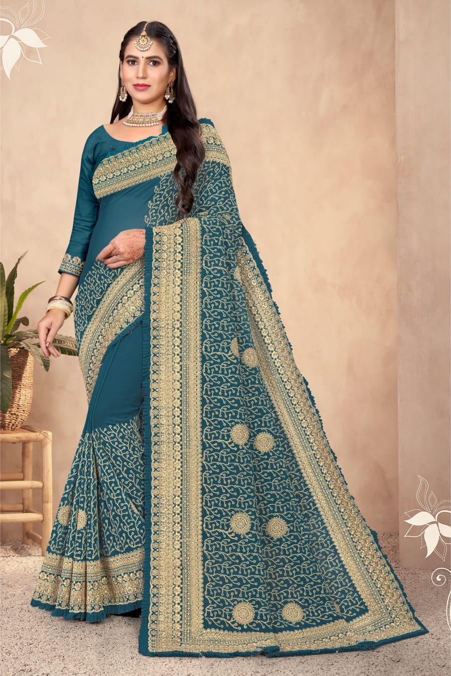FULL JARI WORK ON PURE GEORGETTE SAREE IN BLUE FOR WEDDING 
