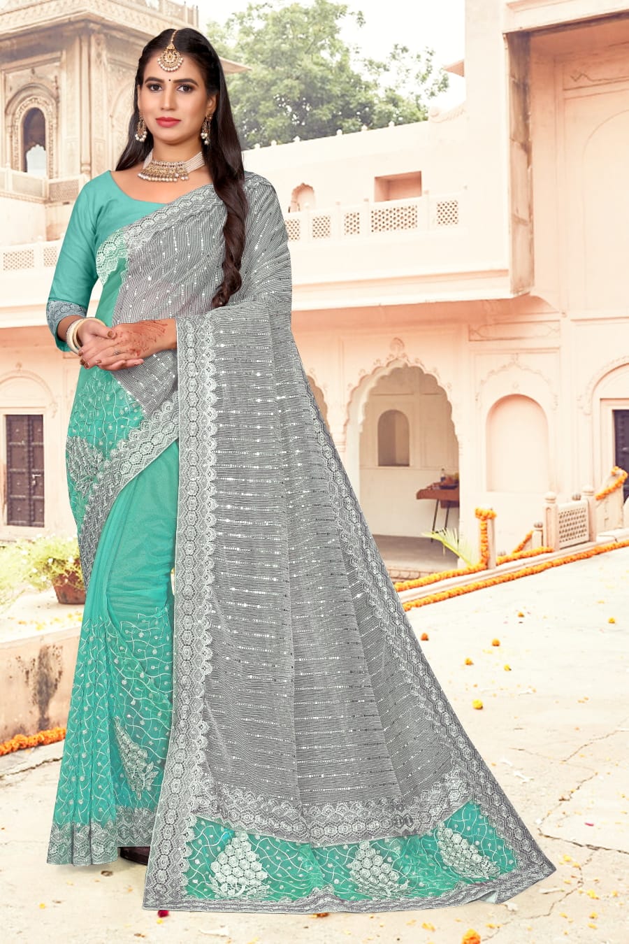 DELICATE WITH WORK ON ALLOVER SAREE AND LACE ON BORDERS, HALF NET HALF CHIFFON IN SEA GREEN