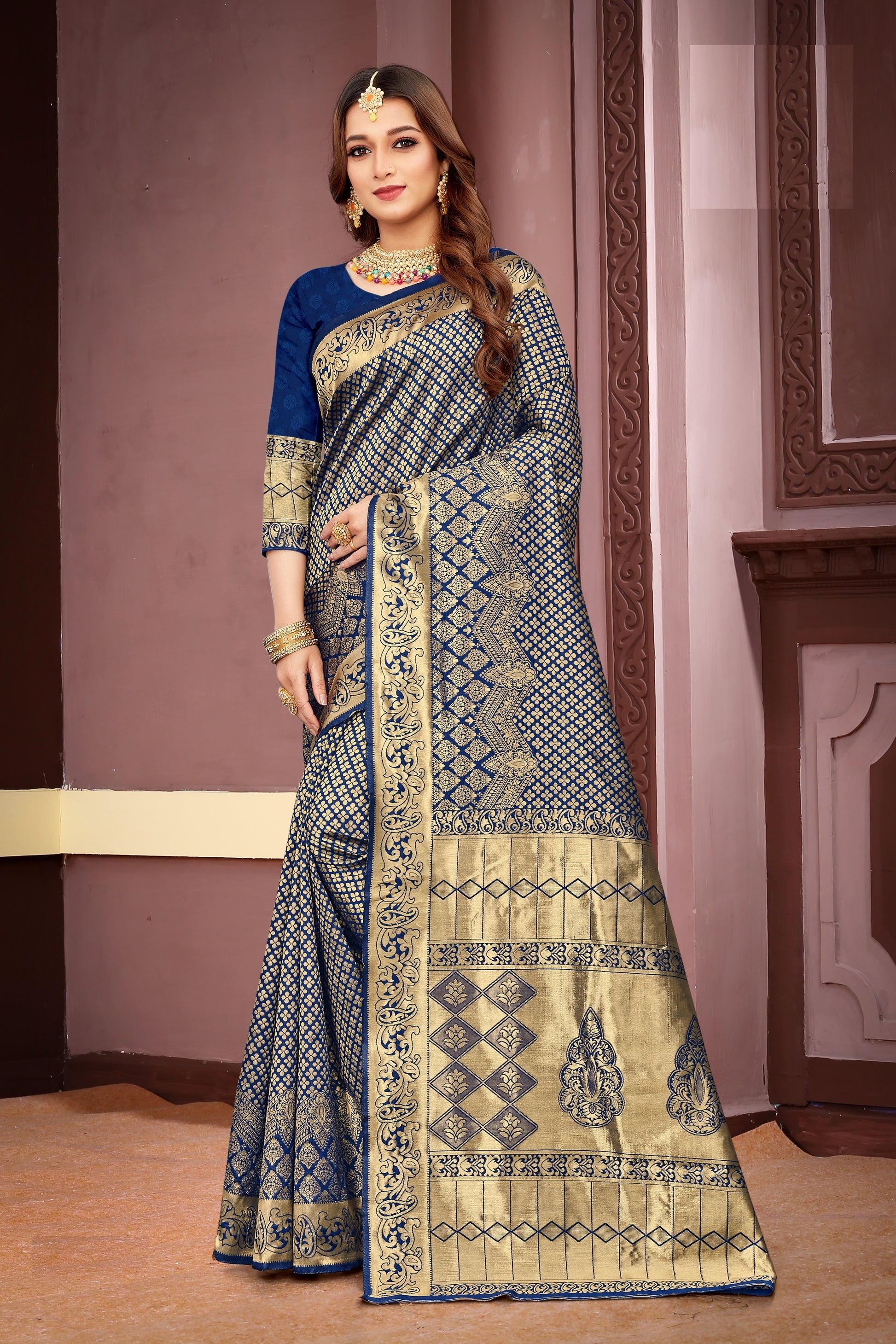 FASHION BOOMS ROYAL BLUE BANARSI SILK TRADITIONAL SAREE WITH 7 OTHER COLORS FOR WHOLE FAMILY TO WEAR ON ANY OCCASION .
