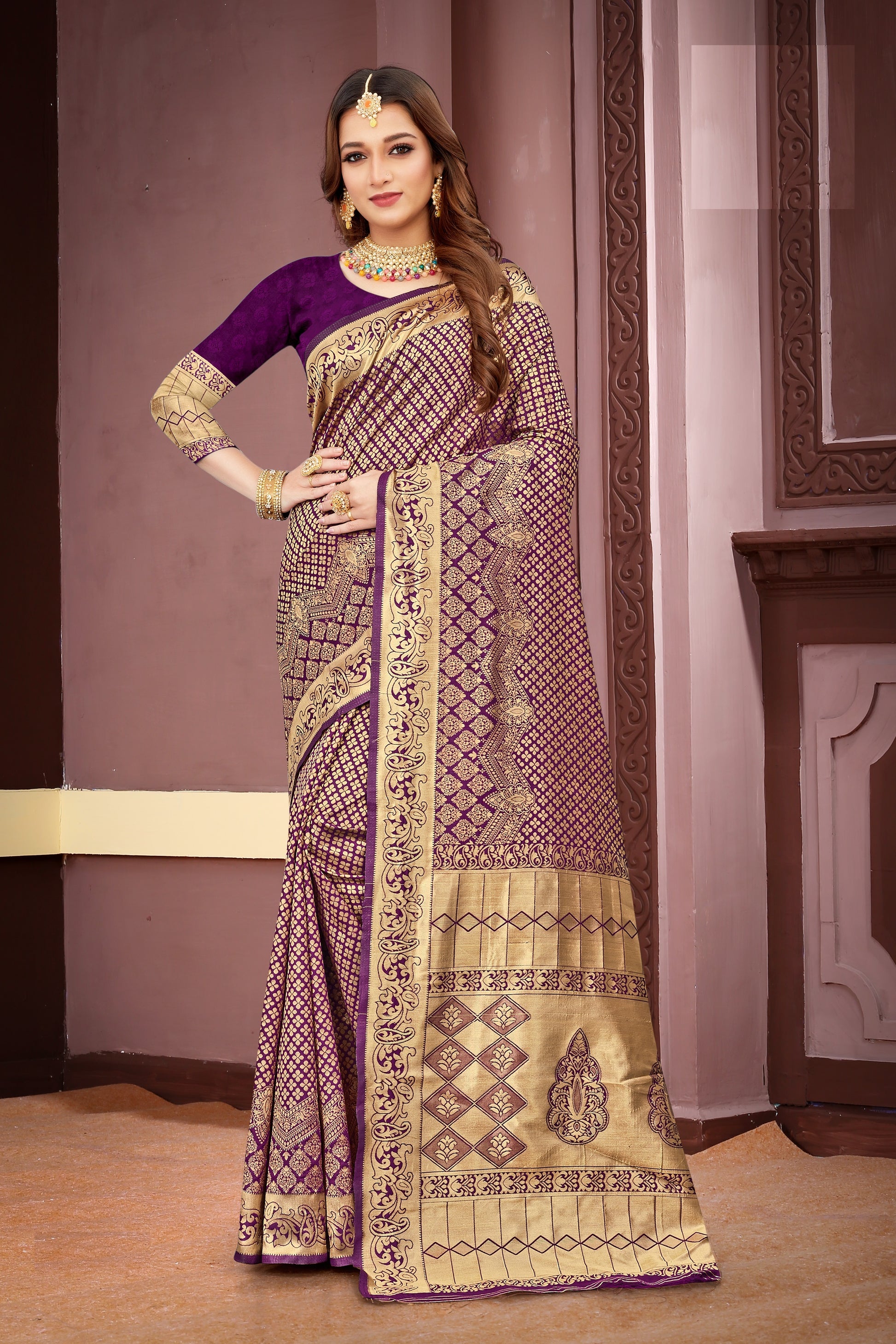 FASHION BOOMS VIOLET BANARSI SILK TRADITIONAL SAREE WITH 7 OTHER COLORS FOR WHOLE FAMILY TO WEAR ON ANY OCCASION .