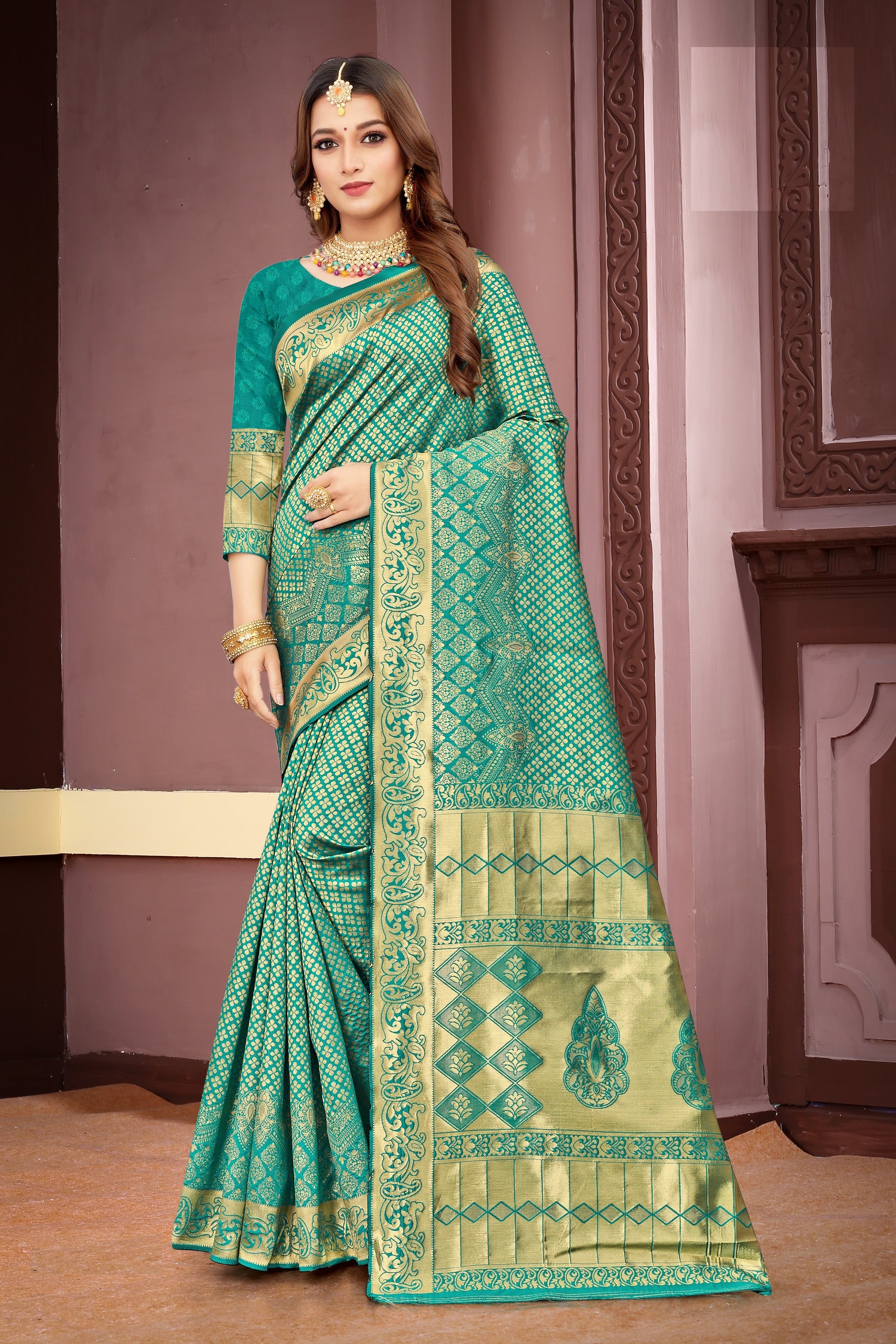 FASHION BOOMS RAMA BANARSI SILK TRADITIONAL SAREE WITH 7 OTHER COLORS FOR WHOLE FAMILY TO WEAR ON ANY OCCASION .